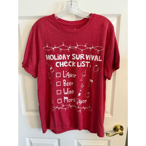Chill Tops - Christmas Tee Holiday Survival Checklist Size M Red Liquor Beer Wine More Liquor